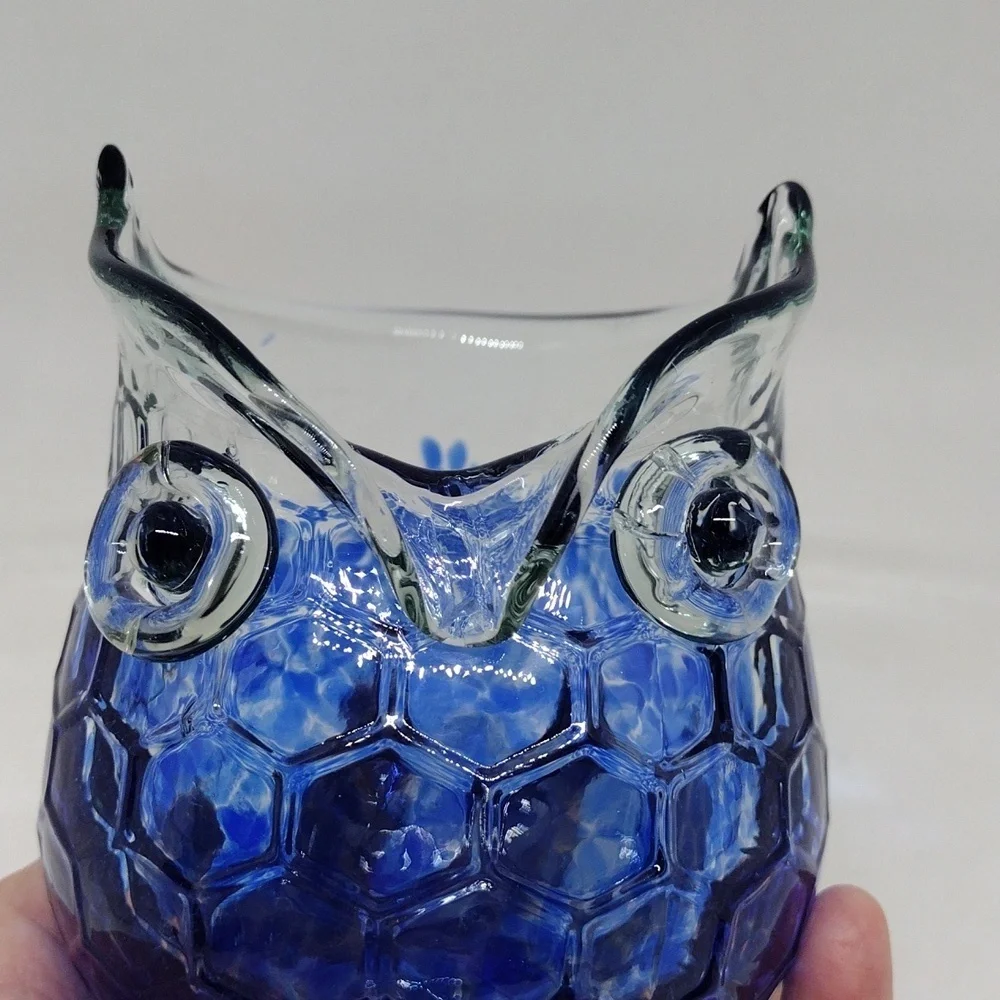 Vintage Cracker Barrel Clear and Cobalt Blue Splatter Art‎ Glass Owl Vase